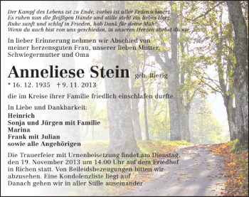Traueranzeige von Anneliese Stein 
