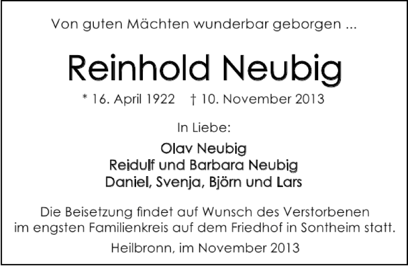  Traueranzeige für Reinhold Neubig vom 16.11.2013 aus 