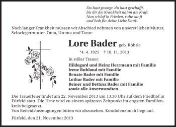 Traueranzeige von Bader Lore 