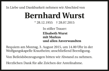 Traueranzeige von Bernhard Wurst 
