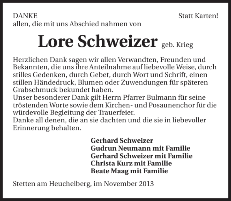  Traueranzeige für Lore Schweizer vom 22.11.2013 aus 