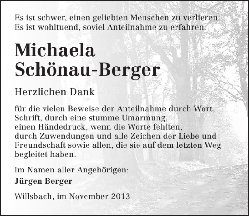  Traueranzeige für Michaela Schönau-Berger vom 23.11.2013 aus 