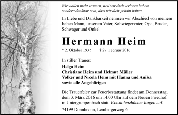 Traueranzeige von Hermann Heim 