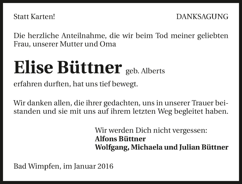  Traueranzeige für Elise Büttner vom 16.01.2016 aus 