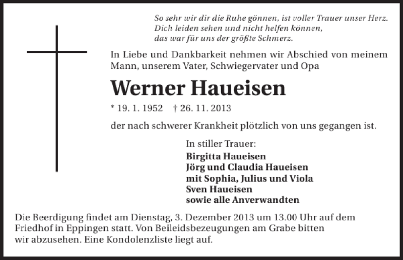  Traueranzeige für Werner Haueisen vom 30.11.2013 aus 