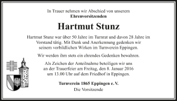 Traueranzeige von Hartmut Stunz 