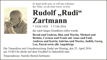 Traueranzeige von Rudolf Zartmann 