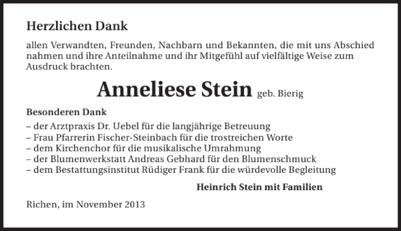  Traueranzeige für Anneliese Stein vom 02.12.2013 aus 