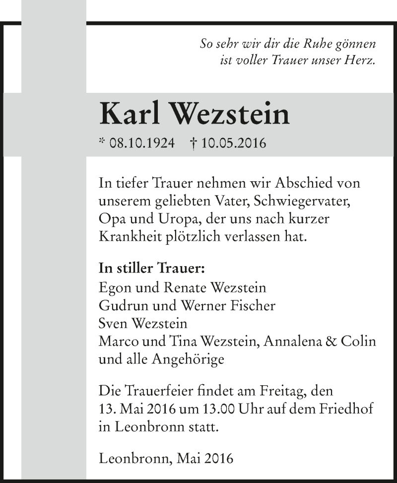  Traueranzeige für Karl Wezstein vom 11.05.2016 aus 