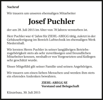 Traueranzeige von Josef Puchler 