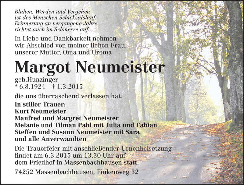  Traueranzeige für Margot Neumeister vom 05.03.2015 aus 