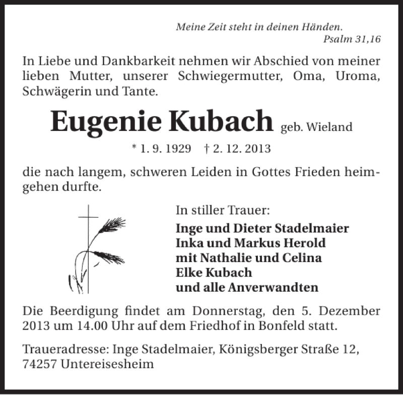  Traueranzeige für Eugenie Kubach vom 04.12.2013 aus 
