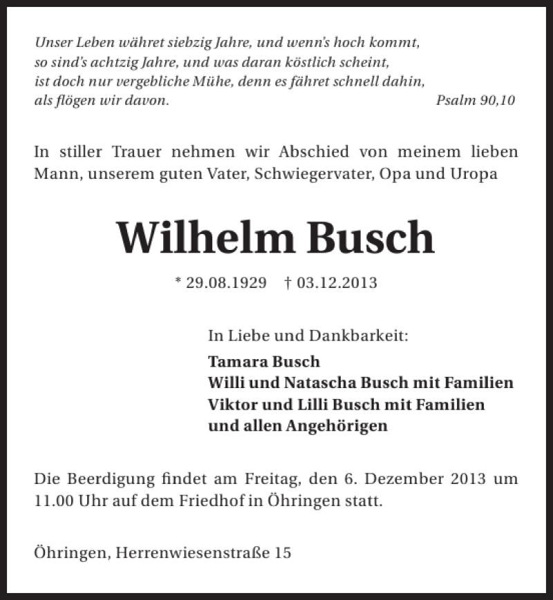  Traueranzeige für Wilhelm Busch vom 04.12.2013 aus 