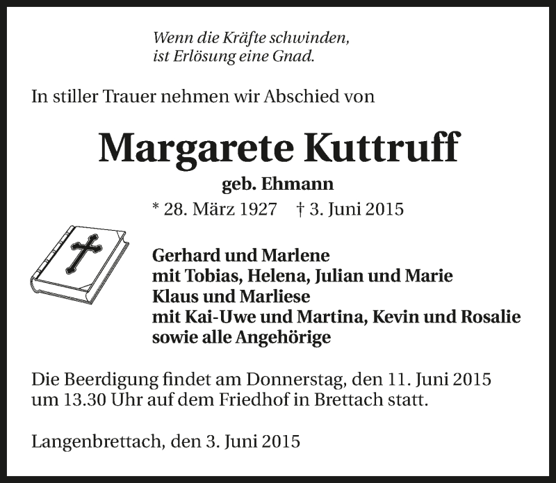  Traueranzeige für Margarete Kuttruff vom 10.06.2015 aus 