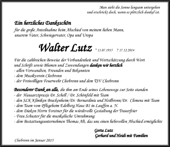 Traueranzeige von Walter Lutz 