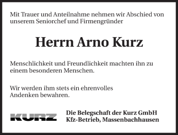 Traueranzeige von Arno Kurz 