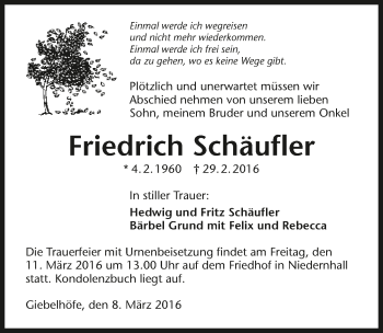 Traueranzeige von Friedrich Schäufler 