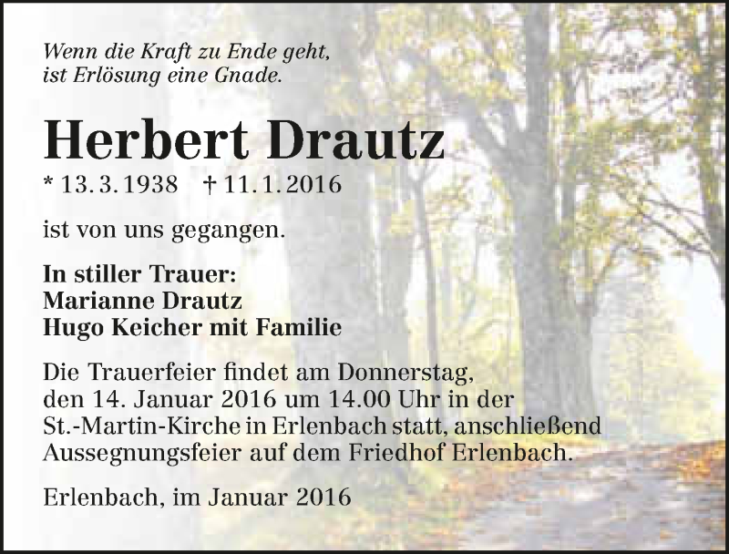  Traueranzeige für Herbert Drautz vom 12.01.2016 aus 