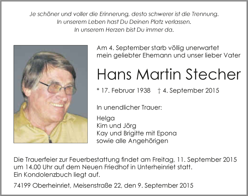  Traueranzeige für Hans Stecher vom 09.09.2015 aus 
