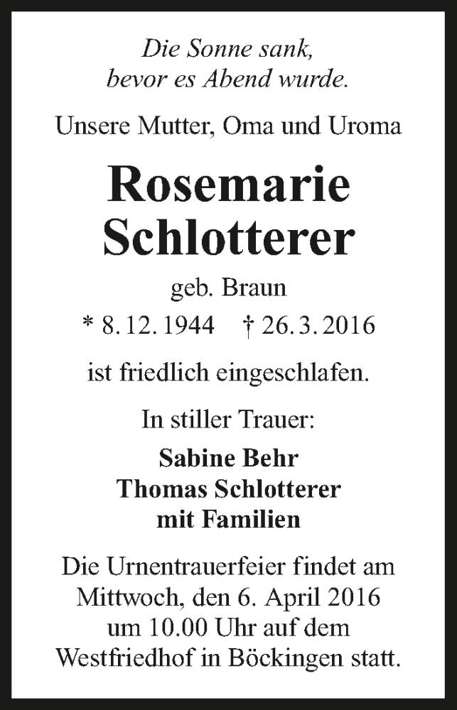  Traueranzeige für Rosemarie Schlotterer vom 02.04.2016 aus 