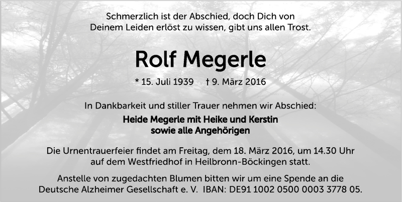  Traueranzeige für Rolf Megerle vom 15.03.2016 aus 