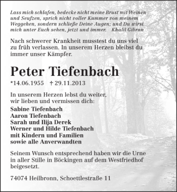 Traueranzeige von Peter Tiefenbach 