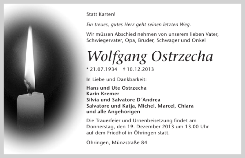 Traueranzeige für Wolfgang Ostrzecha vom 16.12.2013 aus 