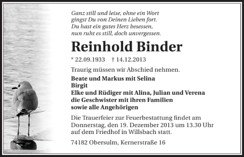  Traueranzeige für Reinhold Binder vom 16.12.2013 aus 