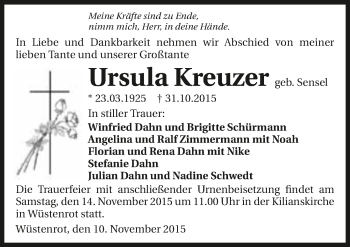 Traueranzeige von Ursula Kreuzer 