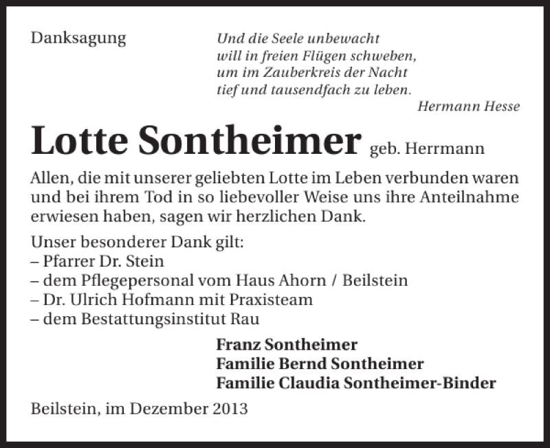  Traueranzeige für Lotte Sontheimer vom 17.12.2013 aus 