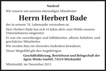 Traueranzeige von Herbert Bade 