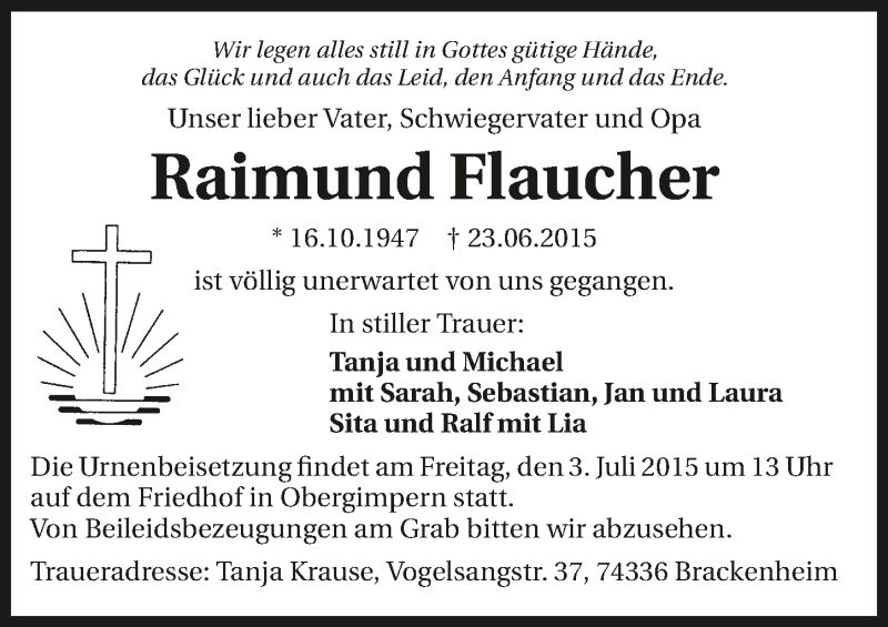  Traueranzeige für Raimund Flaucher vom 27.06.2015 aus 