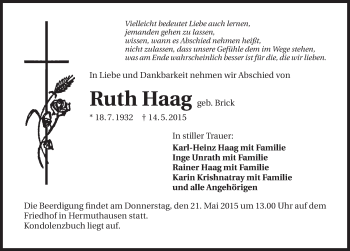 Traueranzeige von Ruth Haag 