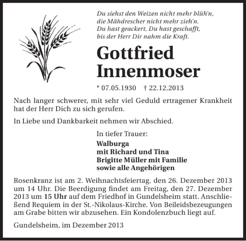  Traueranzeige für Gottfried Innenmoser vom 24.12.2013 aus 