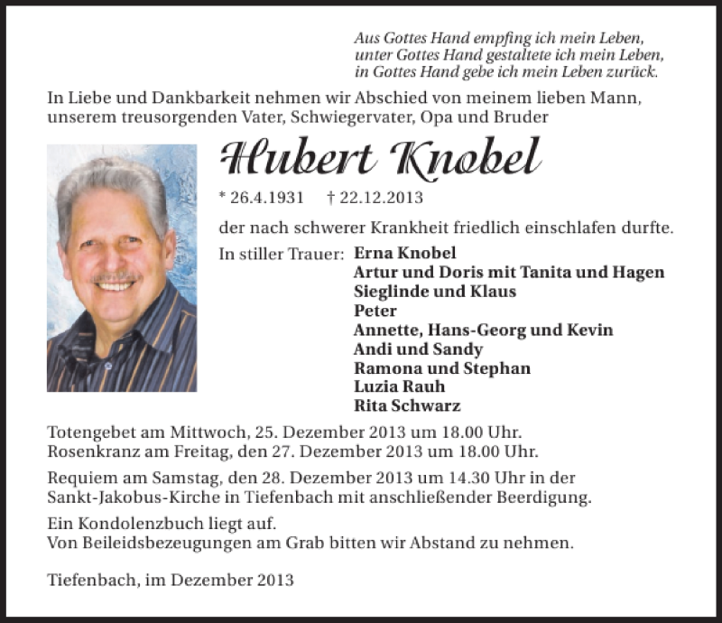  Traueranzeige für Hubert Knobel vom 24.12.2013 aus 