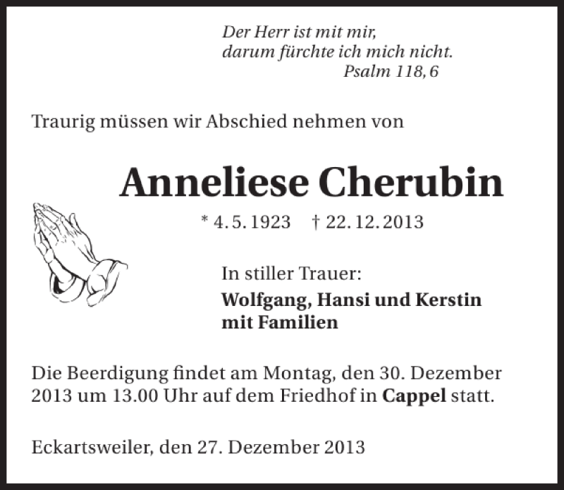  Traueranzeige für Anneliese Cherubin vom 27.12.2013 aus 