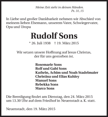 Traueranzeige von Rudolf Sons