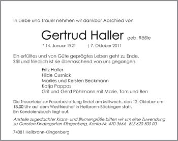 Traueranzeige von Gertrud Haller 