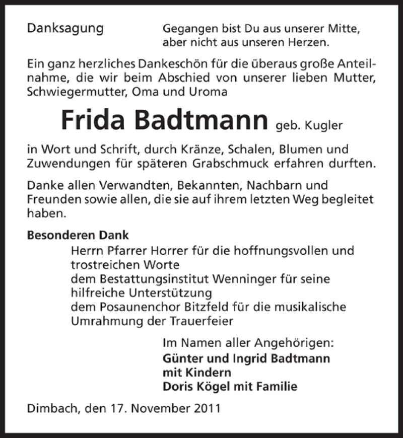  Traueranzeige für Frida Badtmann vom 17.11.2011 aus 