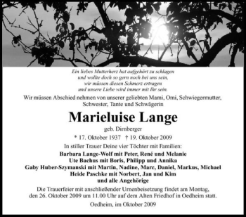 Traueranzeige von Marieluise Lange 