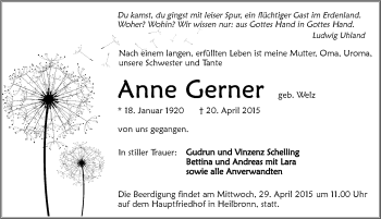 Traueranzeige von Anna Gerner 