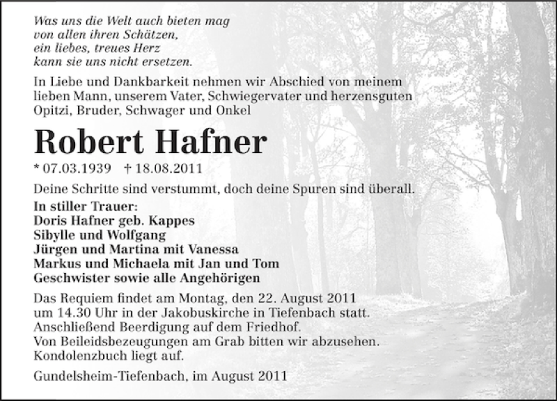  Traueranzeige für Robert Hafner vom 20.08.2011 aus 