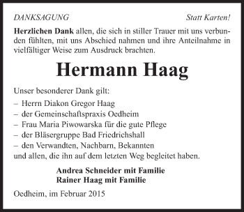 Traueranzeige von Hermann Haag 