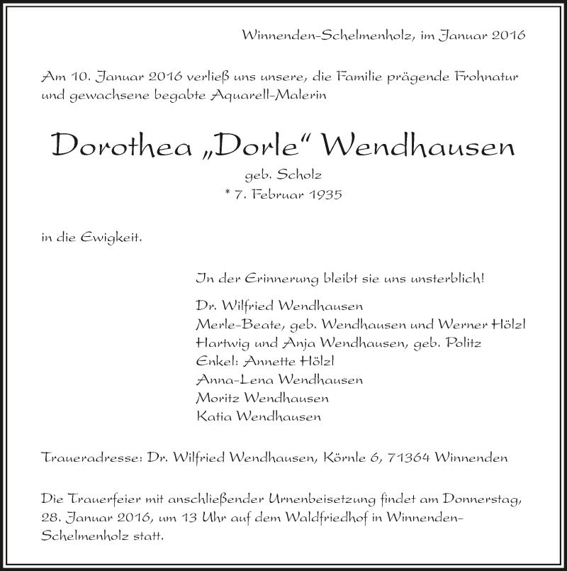  Traueranzeige für Dorothea Wendhausen vom 27.01.2016 aus 