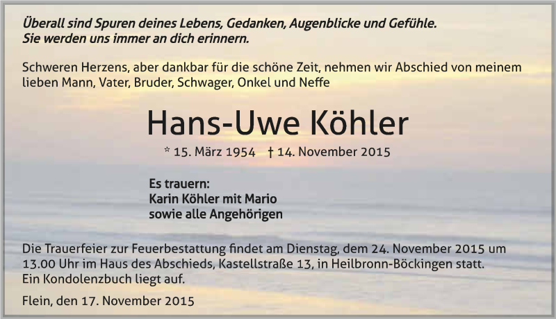  Traueranzeige für Hans-Uwe Köhler vom 17.11.2015 aus 