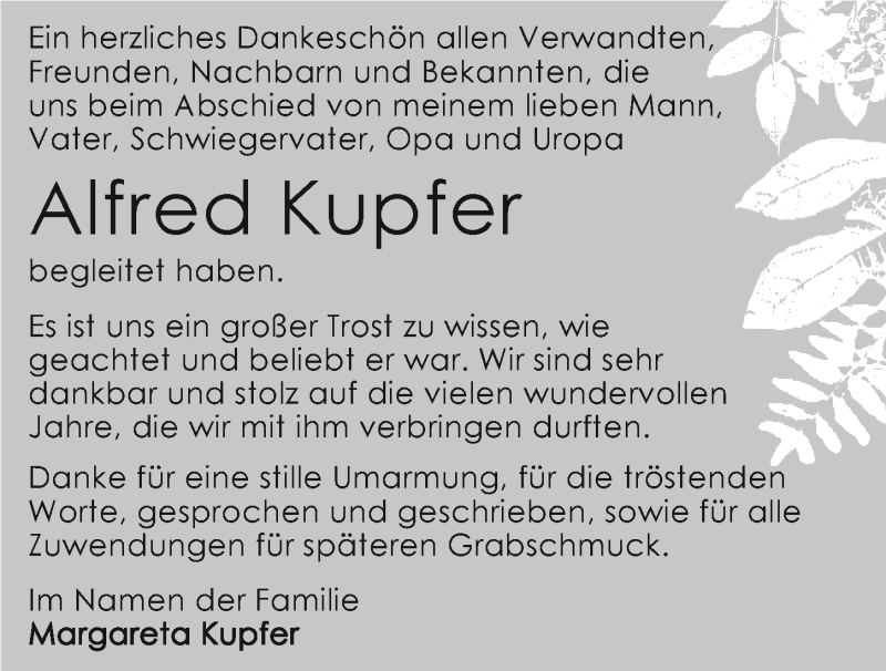  Traueranzeige für Alfred Kupfer vom 20.01.2015 aus 