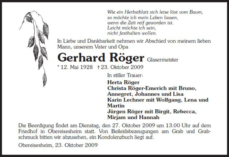  Traueranzeige für Gerhard Röger vom 24.10.2009 aus 
