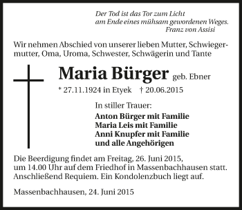 Traueranzeige von Maria Bürger 