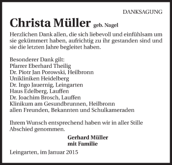 Traueranzeige von Christa Müller 