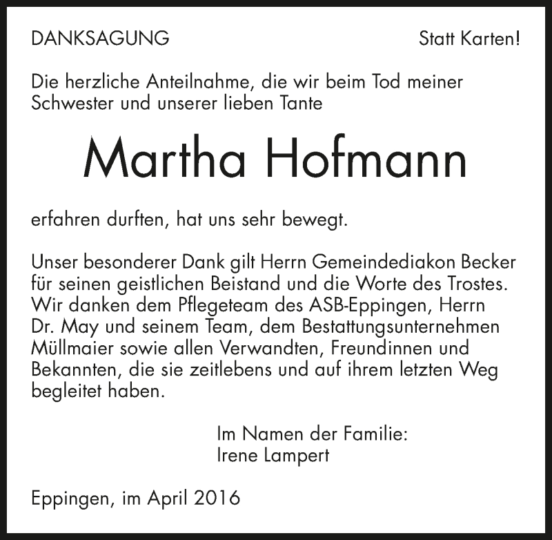 Traueranzeige für Martha Hofmann vom 29.04.2016 aus 